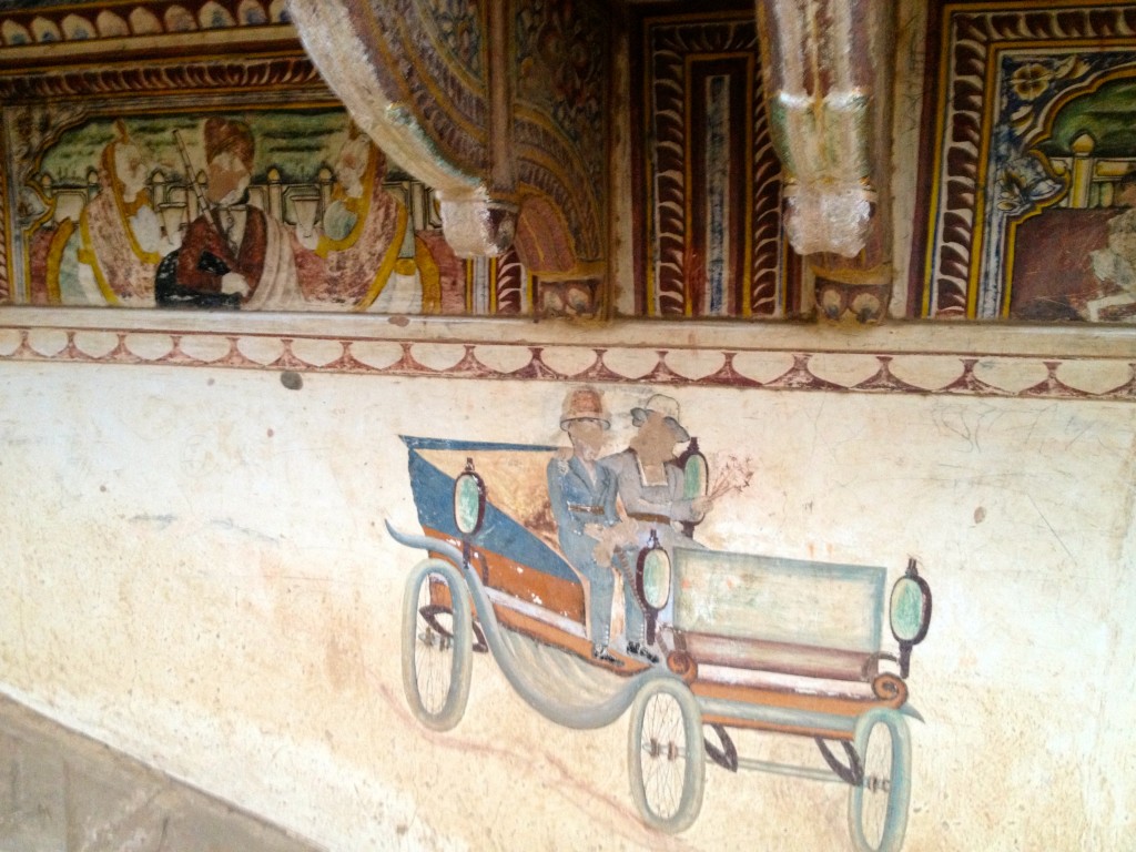 Modern inventions were often included in the fresco decorations.  In some cases people's heads have been scratched out subsequently.  A form of religious vandalism.