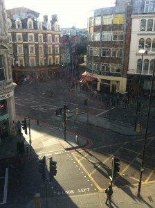 The view from my hostel room, including grotty hostel window marks. I'm nothing if not authentic
